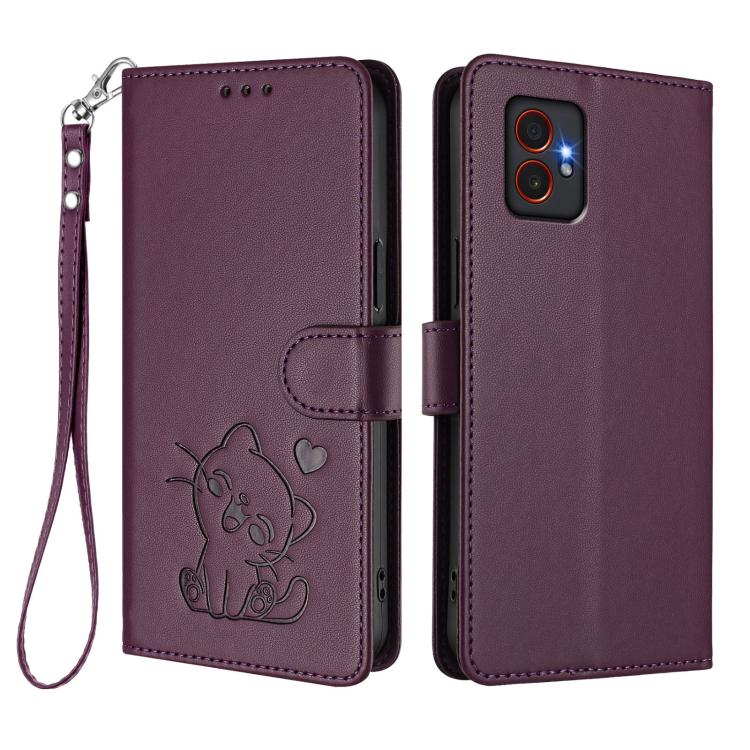 For Samsung Galaxy XCover7 Pro Embossed Heart Cat Leather Phone Case with Hand Strap