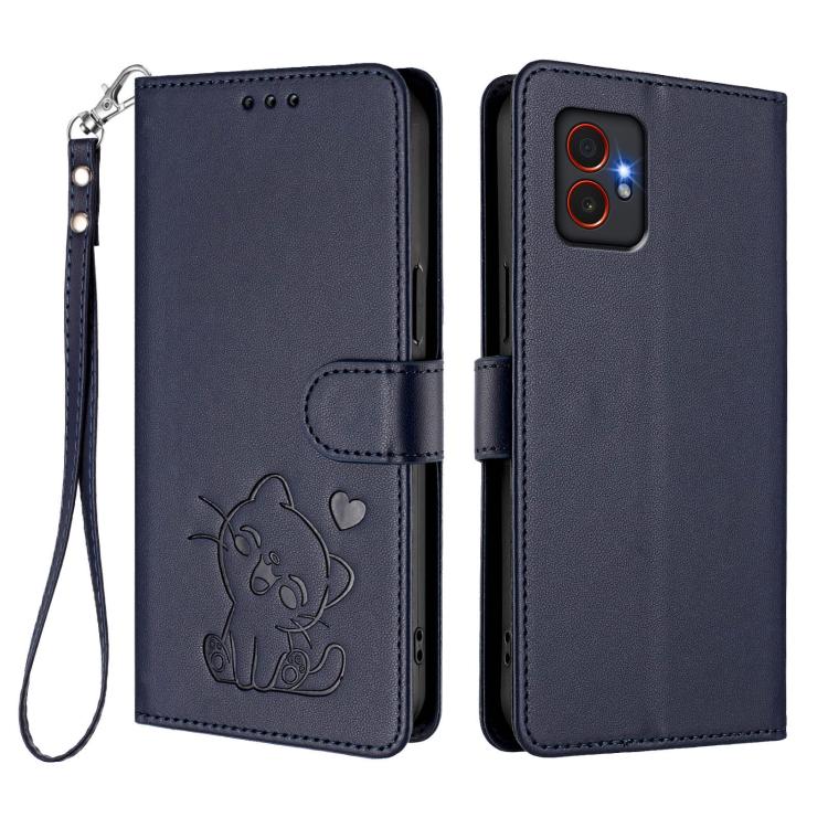 For Samsung Galaxy XCover7 Pro Embossed Heart Cat Leather Phone Case with Hand Strap