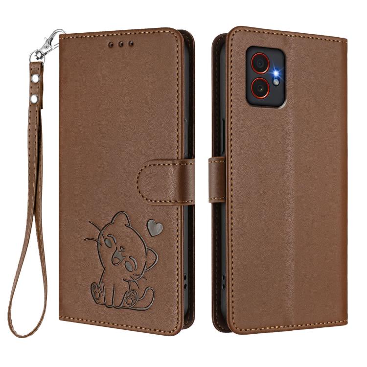 For Samsung Galaxy XCover7 Pro Embossed Heart Cat Leather Phone Case with Hand Strap