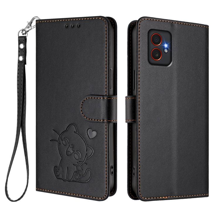 For Samsung Galaxy XCover7 Pro Embossed Heart Cat Leather Phone Case with Hand Strap