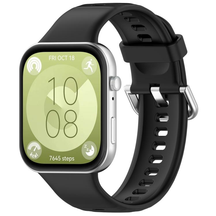 For Huawei Watch Fit 3 Silver Steel Buckle Silicone Watch Band with 3D Curved Film
