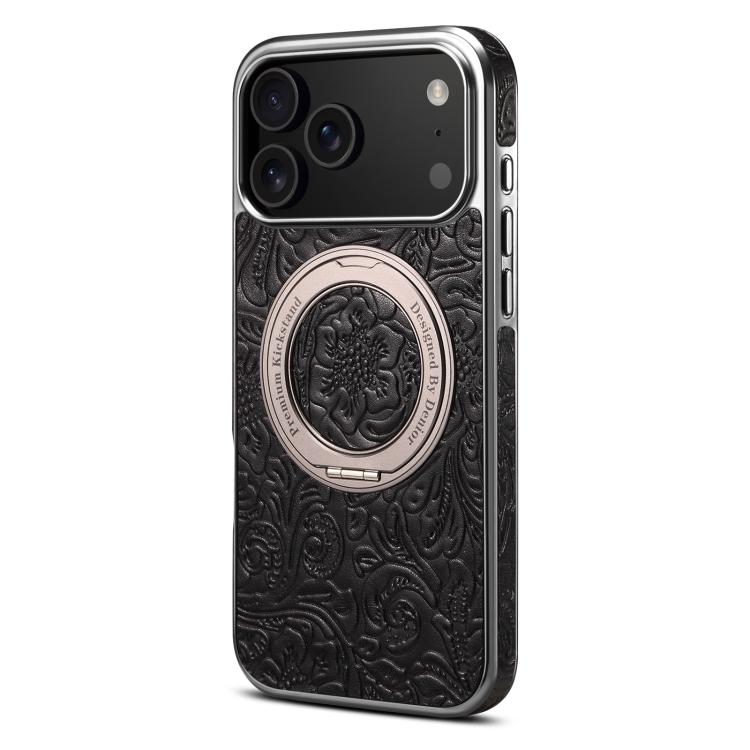 For iPhone 17 Pro Max Denior A23 Retro Flower Texture Magnetic Holder Electroplating Genuine Leather Phone Case