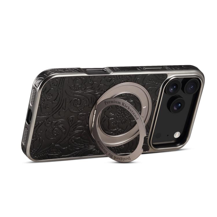 For iPhone 17 Pro Max Denior A23 Retro Flower Texture Magnetic Holder Electroplating Genuine Leather Phone Case