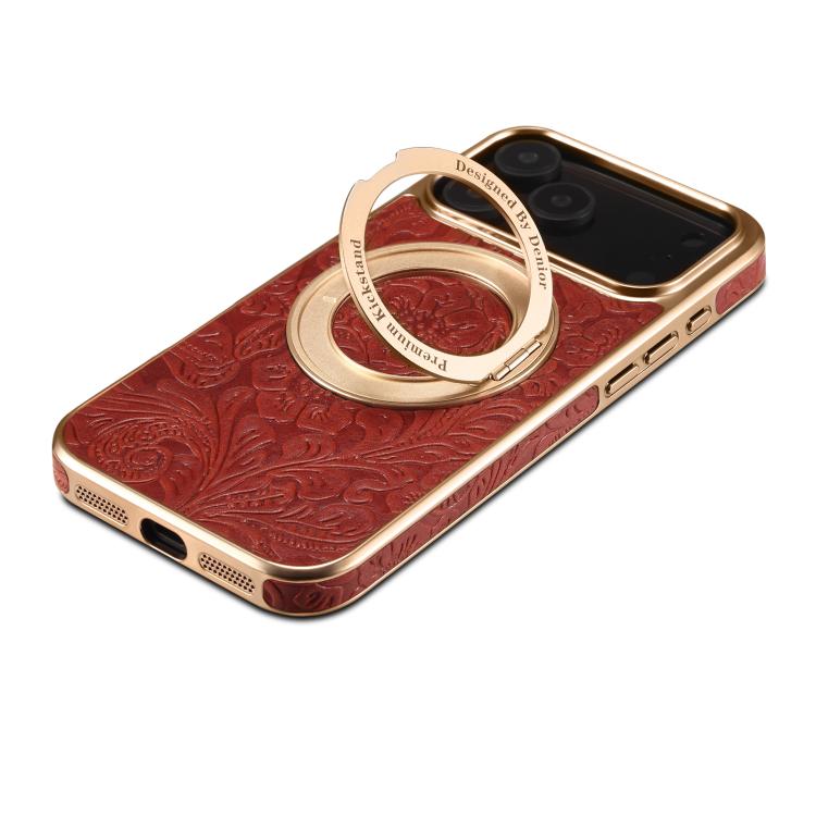 For iPhone 17 Pro Max Denior A23 Retro Flower Texture Magnetic Holder Electroplating Genuine Leather Phone Case