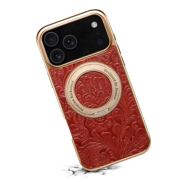 For iPhone 17 Pro Max Denior A23 Retro Flower Texture Magnetic Holder Electroplating Genuine Leather Phone Case