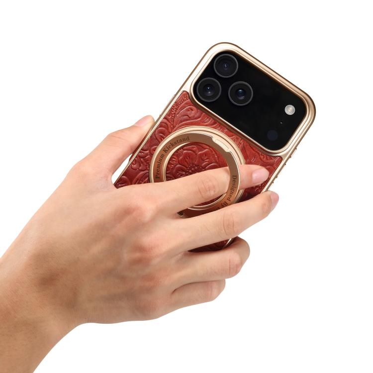For iPhone 17 Pro Max Denior A23 Retro Flower Texture Magnetic Holder Electroplating Genuine Leather Phone Case