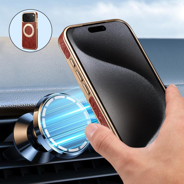 For iPhone 17 Pro Max Denior A23 Retro Flower Texture Magnetic Holder Electroplating Genuine Leather Phone Case
