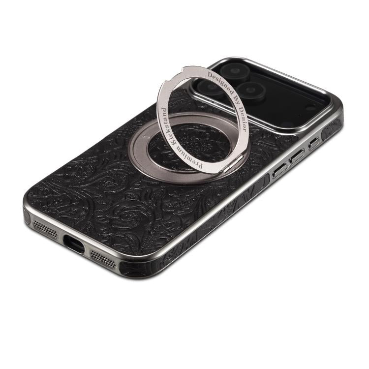 For iPhone 17 Pro Denior A23 Retro Flower Texture Magnetic Holder Electroplating Genuine Leather Phone Case