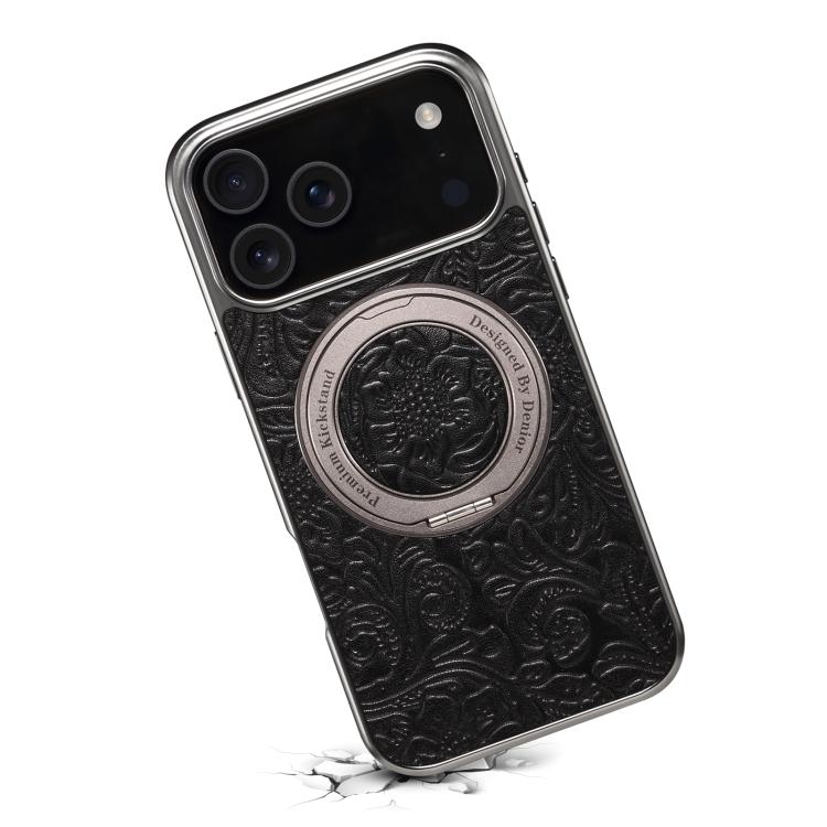For iPhone 17 Pro Denior A23 Retro Flower Texture Magnetic Holder Electroplating Genuine Leather Phone Case
