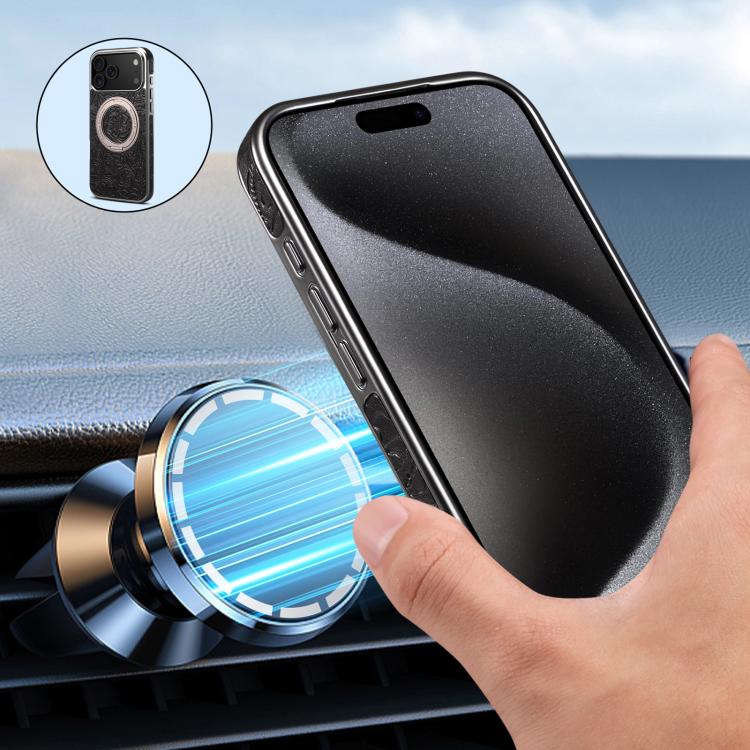 For iPhone 17 Pro Denior A23 Retro Flower Texture Magnetic Holder Electroplating Genuine Leather Phone Case