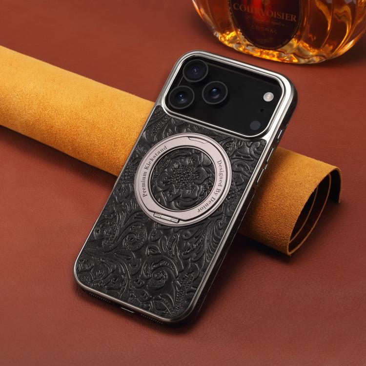 For iPhone 17 Pro Denior A23 Retro Flower Texture Magnetic Holder Electroplating Genuine Leather Phone Case
