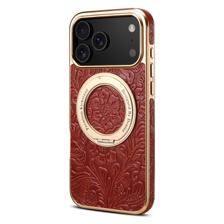 For iPhone 17 Pro Denior A23 Retro Flower Texture Magnetic Holder Electroplating Genuine Leather Phone Case