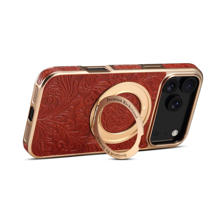 For iPhone 17 Pro Denior A23 Retro Flower Texture Magnetic Holder Electroplating Genuine Leather Phone Case