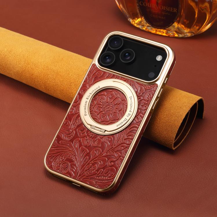 For iPhone 17 Pro Denior A23 Retro Flower Texture Magnetic Holder Electroplating Genuine Leather Phone Case