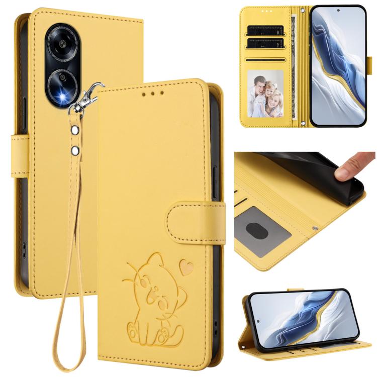 For OPPO A98 5G / F23 5G India Embossed Heart Cat Leather Phone Case with Hand Strap