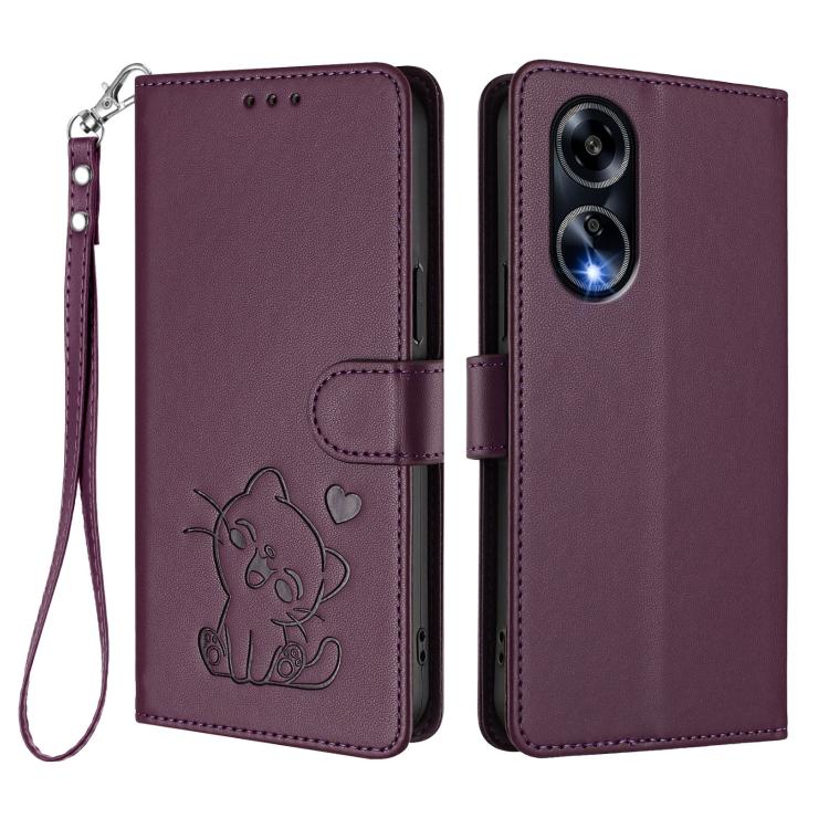 For OPPO A98 5G / F23 5G India Embossed Heart Cat Leather Phone Case with Hand Strap