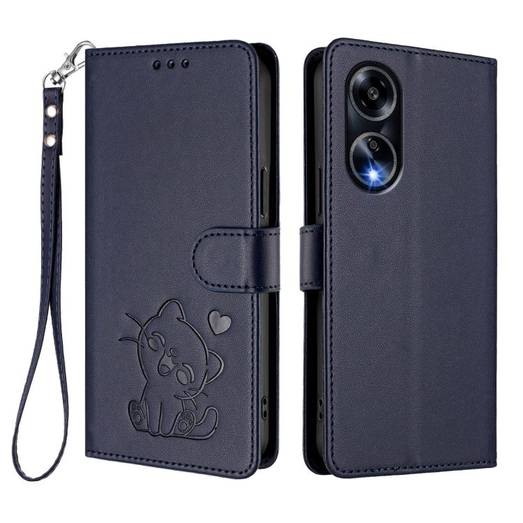 For OPPO A98 5G / F23 5G India Embossed Heart Cat Leather Phone Case with Hand Strap