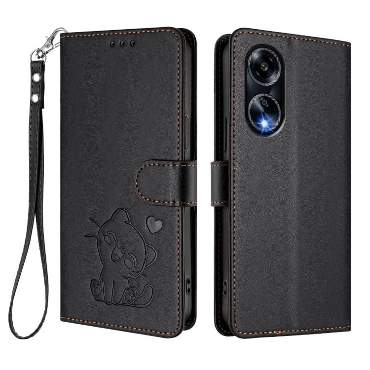 For OPPO A98 5G / F23 5G India Embossed Heart Cat Leather Phone Case with Hand Strap