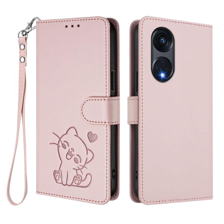 For OPPO Reno8 T 5G Global / A1 Pro 5G Embossed Heart Cat Leather Phone Case with Hand Strap