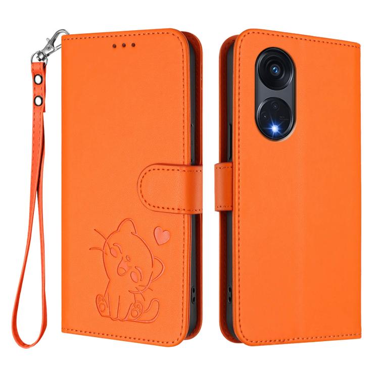 For OPPO Reno8 T 5G Global / A1 Pro 5G Embossed Heart Cat Leather Phone Case with Hand Strap