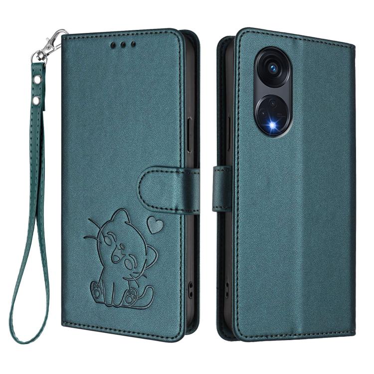 For OPPO Reno8 T 5G Global / A1 Pro 5G Embossed Heart Cat Leather Phone Case with Hand Strap
