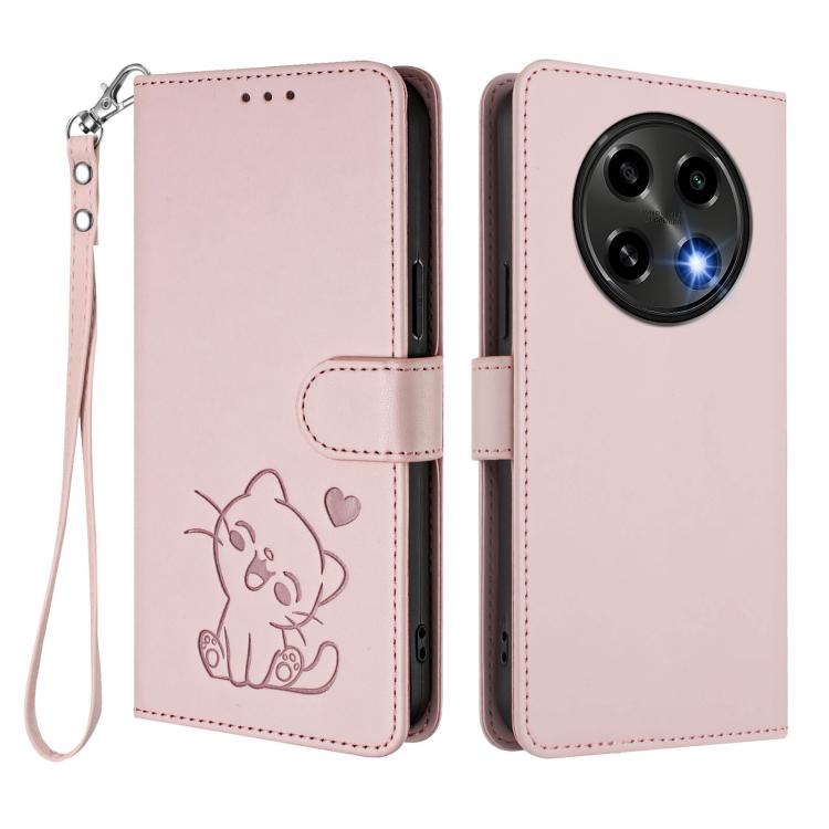 For OPPO A2 Pro 5G / F27 Pro 5G Embossed Heart Cat Leather Phone Case with Hand Strap
