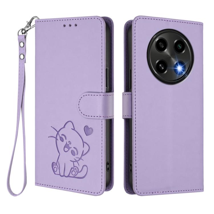For OPPO A2 Pro 5G / F27 Pro 5G Embossed Heart Cat Leather Phone Case with Hand Strap