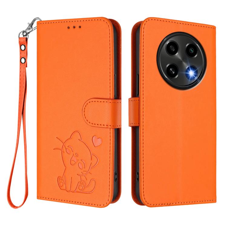 For OPPO A2 Pro 5G / F27 Pro 5G Embossed Heart Cat Leather Phone Case with Hand Strap