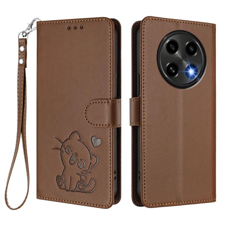 For OPPO A2 Pro 5G / F27 Pro 5G Embossed Heart Cat Leather Phone Case with Hand Strap