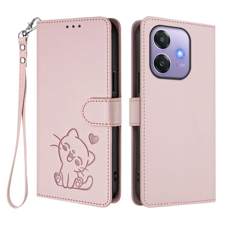 For OPPO A3x / A3 / A60 5G Global Embossed Heart Cat Leather Phone Case with Hand Strap