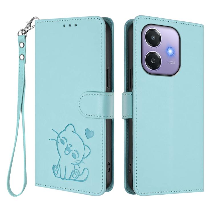 For OPPO A3x / A3 / A60 5G Global Embossed Heart Cat Leather Phone Case with Hand Strap