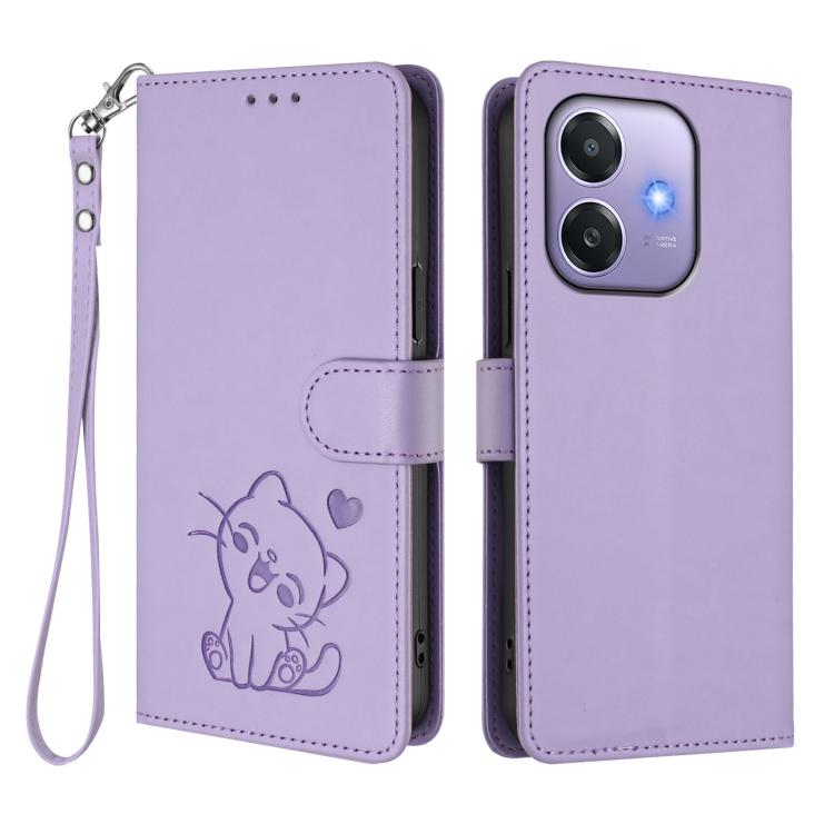 For OPPO A3x / A3 / A60 5G Global Embossed Heart Cat Leather Phone Case with Hand Strap