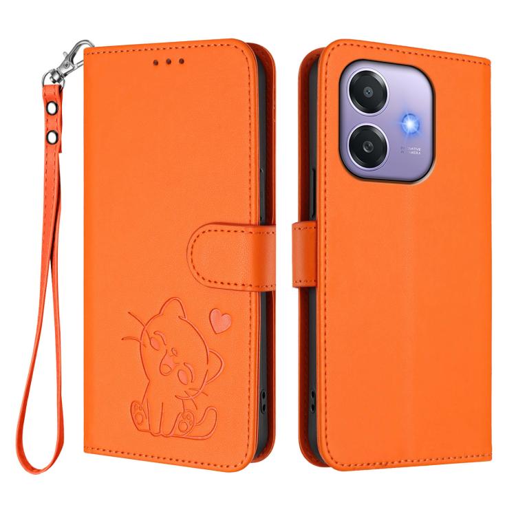For OPPO A3x / A3 / A60 5G Global Embossed Heart Cat Leather Phone Case with Hand Strap
