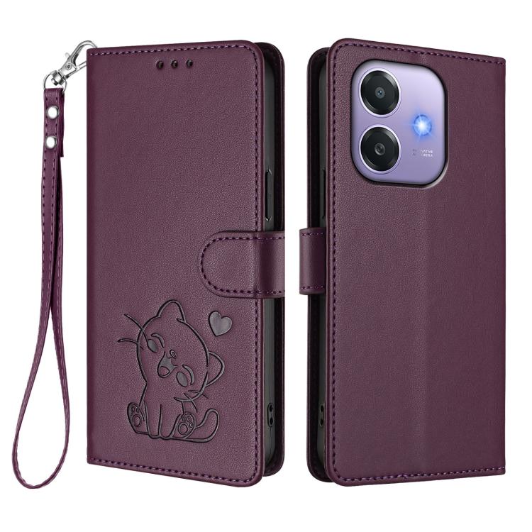 For OPPO A3x / A3 / A60 5G Global Embossed Heart Cat Leather Phone Case with Hand Strap