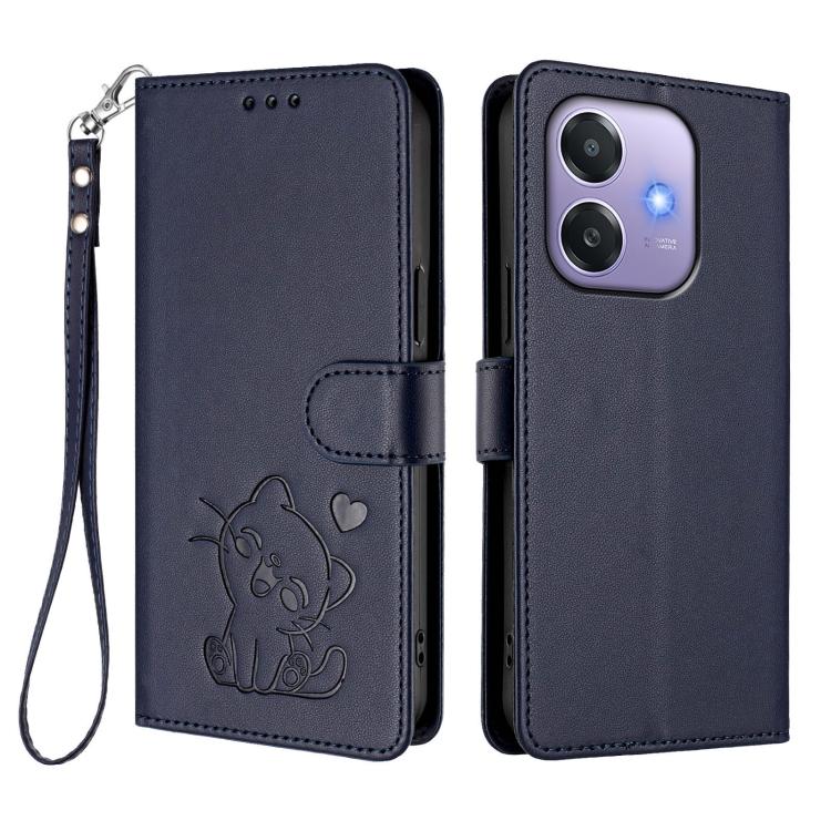 For OPPO A3x / A3 / A60 5G Global Embossed Heart Cat Leather Phone Case with Hand Strap