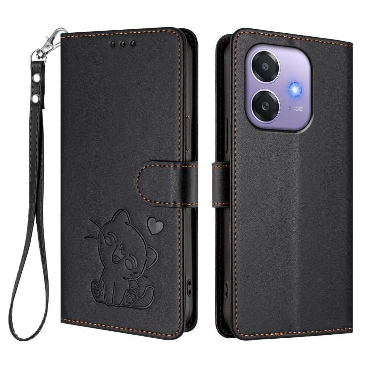 For OPPO A3x / A3 / A60 5G Global Embossed Heart Cat Leather Phone Case with Hand Strap