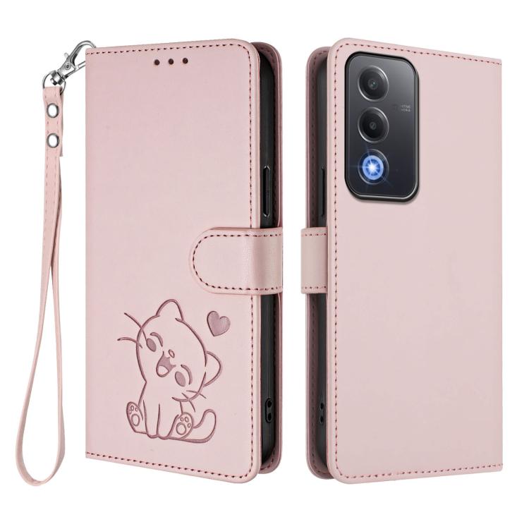 For OPPO A5 5G / A3 Pro 5G Global Embossed Heart Cat Leather Phone Case with Hand Strap