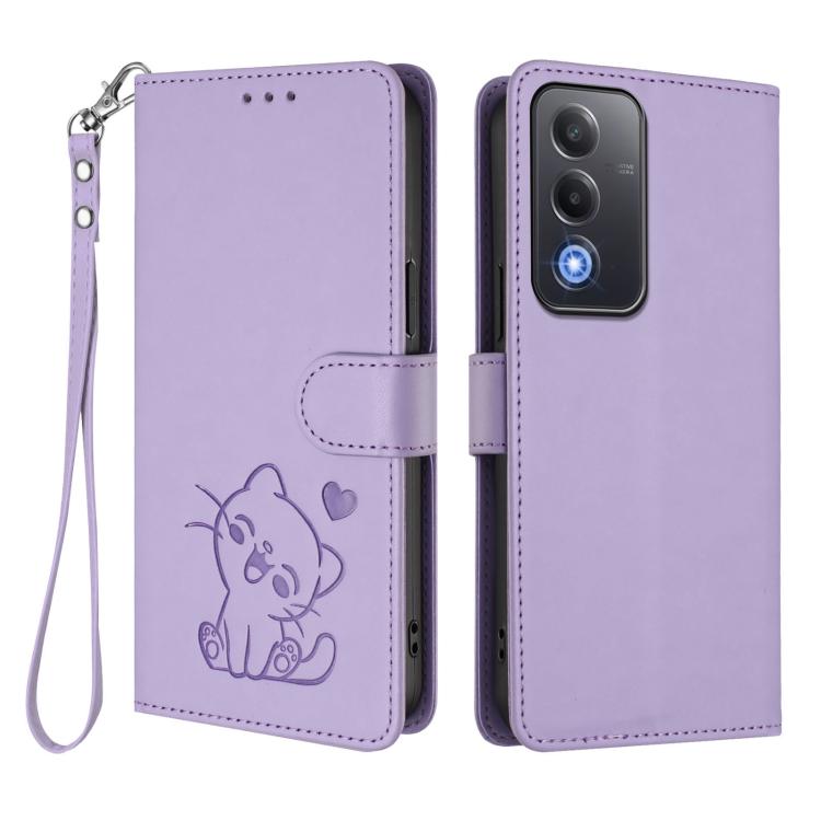 For OPPO A5 5G / A3 Pro 5G Global Embossed Heart Cat Leather Phone Case with Hand Strap