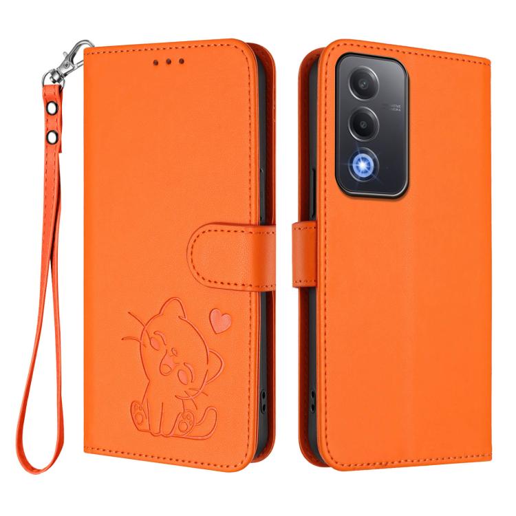 For OPPO A5 5G / A3 Pro 5G Global Embossed Heart Cat Leather Phone Case with Hand Strap