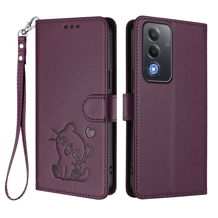 For OPPO A5 5G / A3 Pro 5G Global Embossed Heart Cat Leather Phone Case with Hand Strap