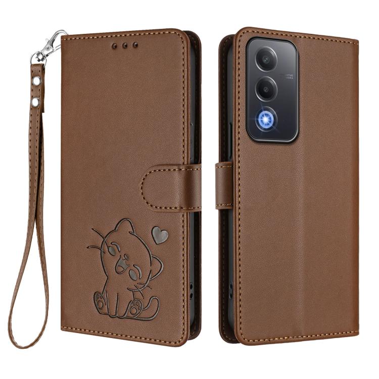 For OPPO A5 5G / A3 Pro 5G Global Embossed Heart Cat Leather Phone Case with Hand Strap