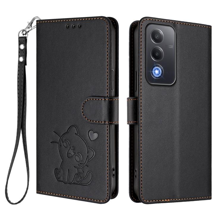 For OPPO A5 5G / A3 Pro 5G Global Embossed Heart Cat Leather Phone Case with Hand Strap