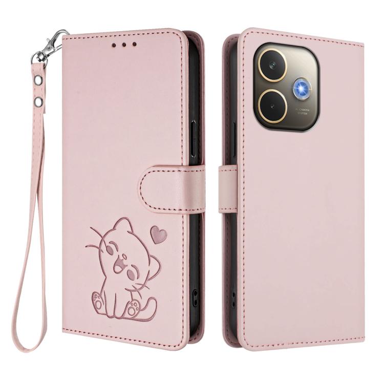 For OPPO A5 Pro 5G / 4G Global Embossed Heart Cat Leather Phone Case with Hand Strap