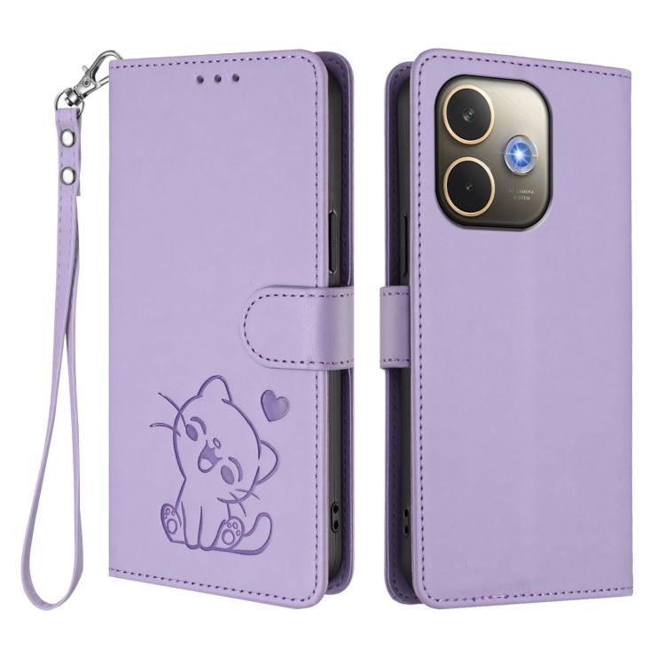 For OPPO A5 Pro 5G / 4G Global Embossed Heart Cat Leather Phone Case with Hand Strap