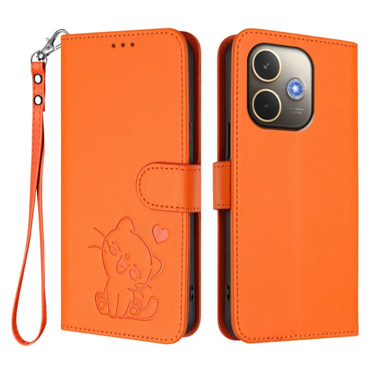 For OPPO A5 Pro 5G / 4G Global Embossed Heart Cat Leather Phone Case with Hand Strap