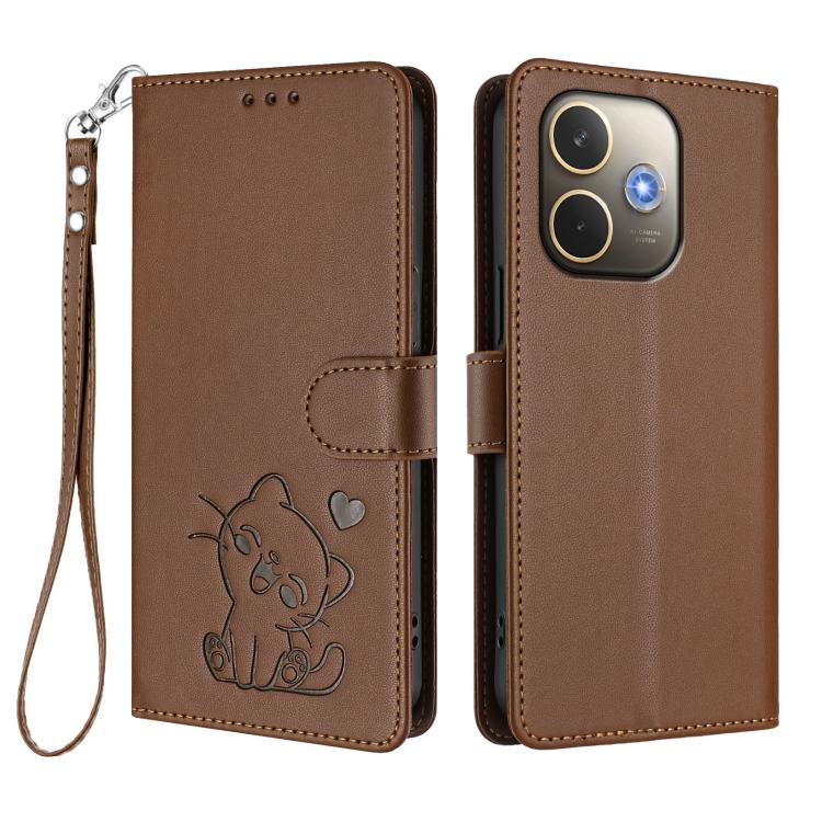 For OPPO A5 Pro 5G / 4G Global Embossed Heart Cat Leather Phone Case with Hand Strap