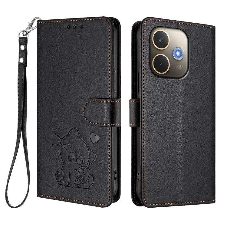 For OPPO A5 Pro 5G / 4G Global Embossed Heart Cat Leather Phone Case with Hand Strap