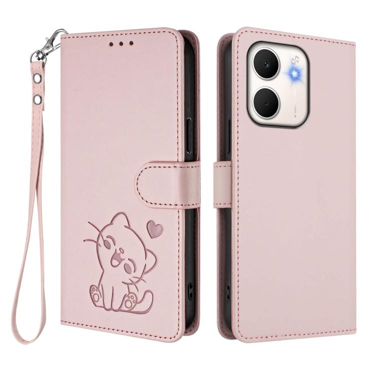 For OPPO A5x 5G / 4G Global Embossed Heart Cat Leather Phone Case with Hand Strap