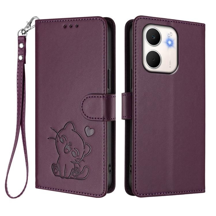 For OPPO A5x 5G / 4G Global Embossed Heart Cat Leather Phone Case with Hand Strap