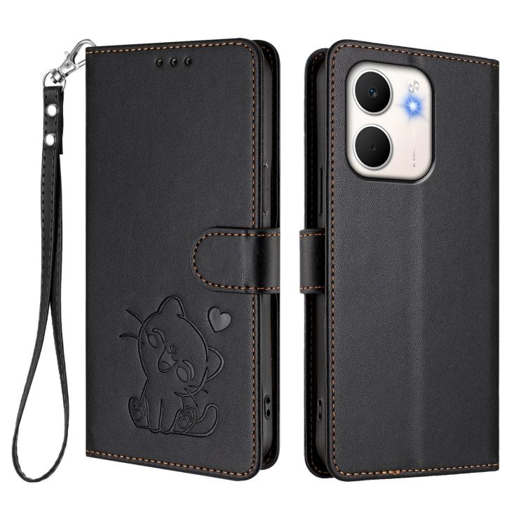 For OPPO A5x 5G / 4G Global Embossed Heart Cat Leather Phone Case with Hand Strap